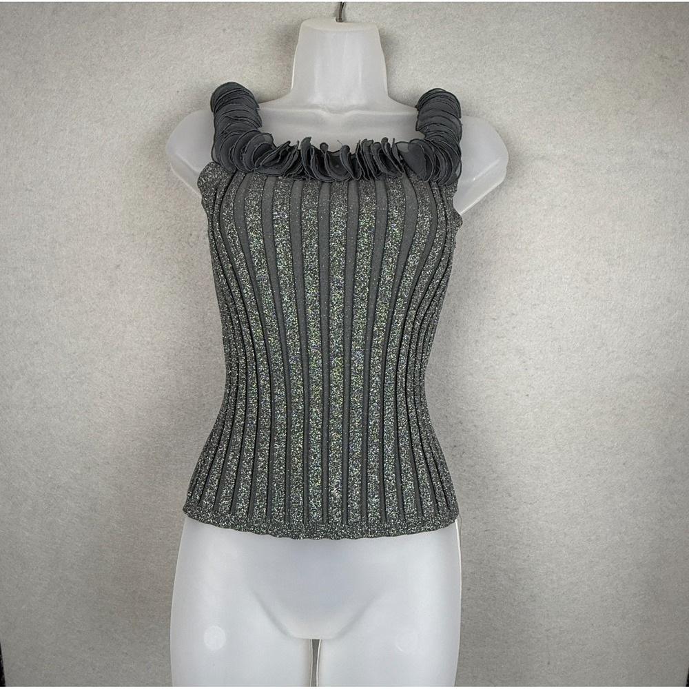 Vtg Evie Silk Blend Metallic Knit Ruffle Neck Tank Charcoal Silver Corset Rib M
